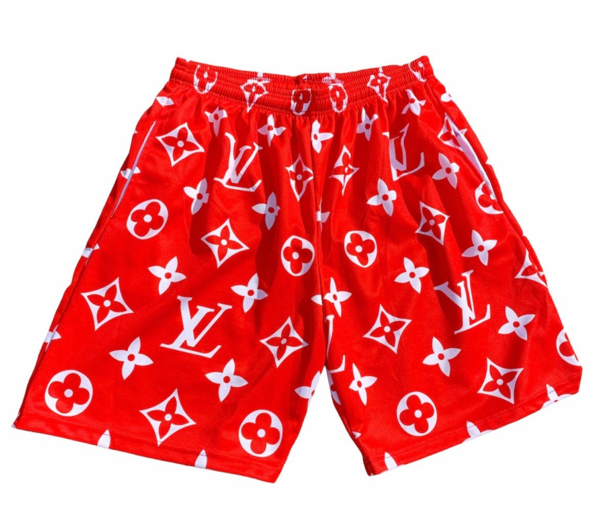 Red monogram shorts